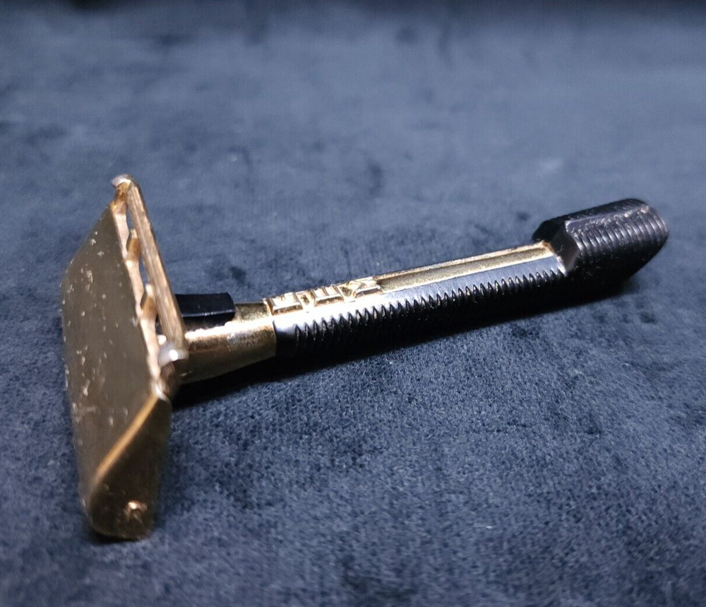 Vintage 50s 1960's GEM Razor Gold Black Handle Push Button Safety Razor